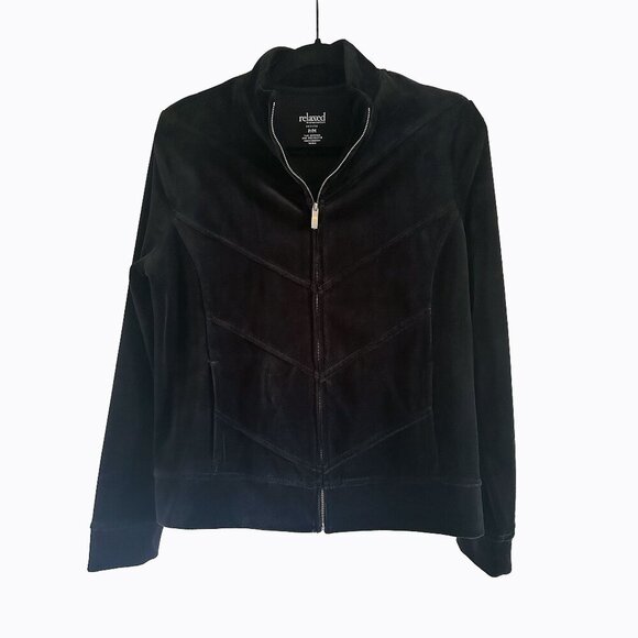 Black Velvet Velour Zip Chevron Jacket PM Texture Cotton Sporty Comfy Athleisure - Picture 1 of 6